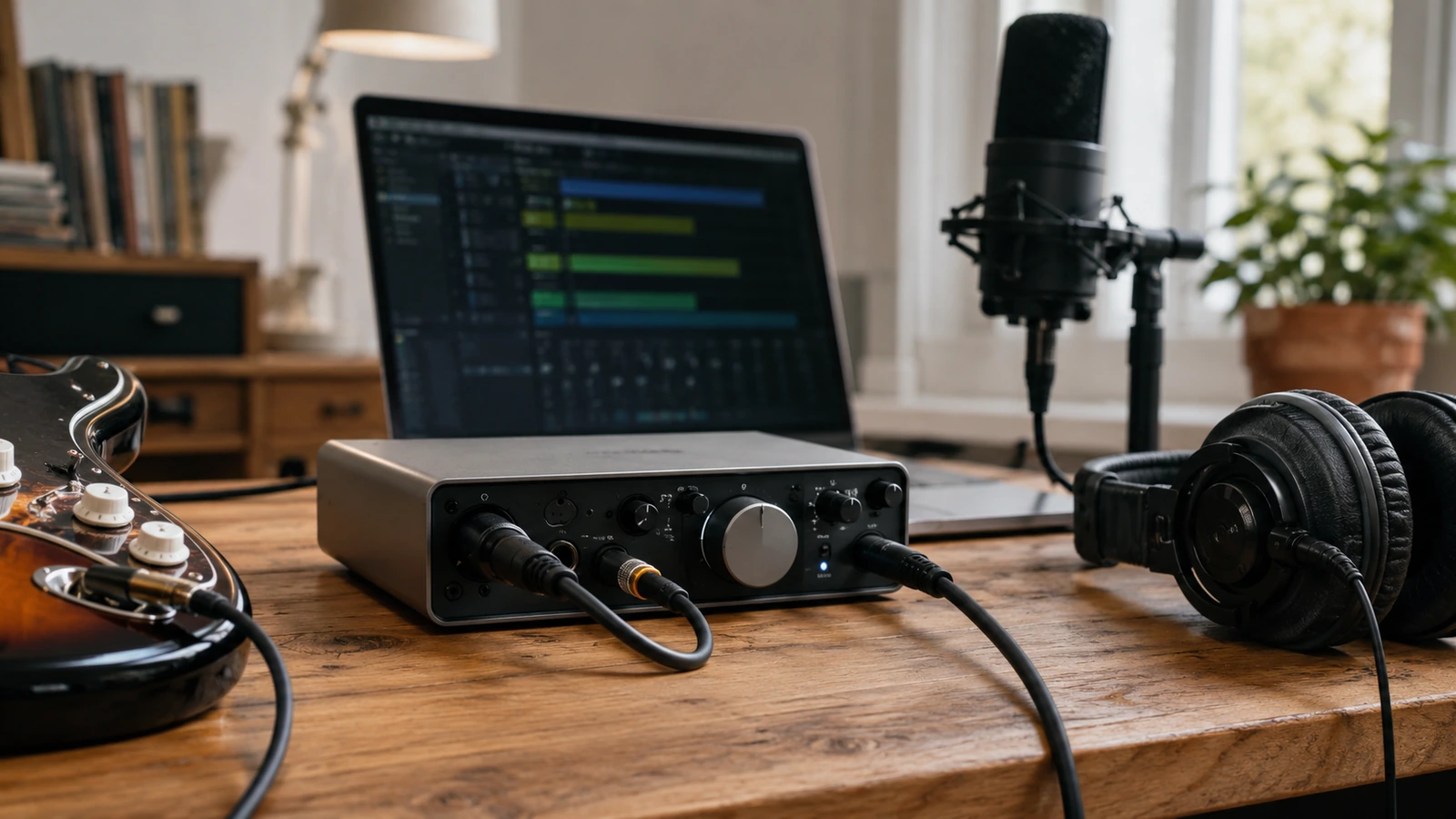 Compact desktop audio interface in a tidy home recording setup.