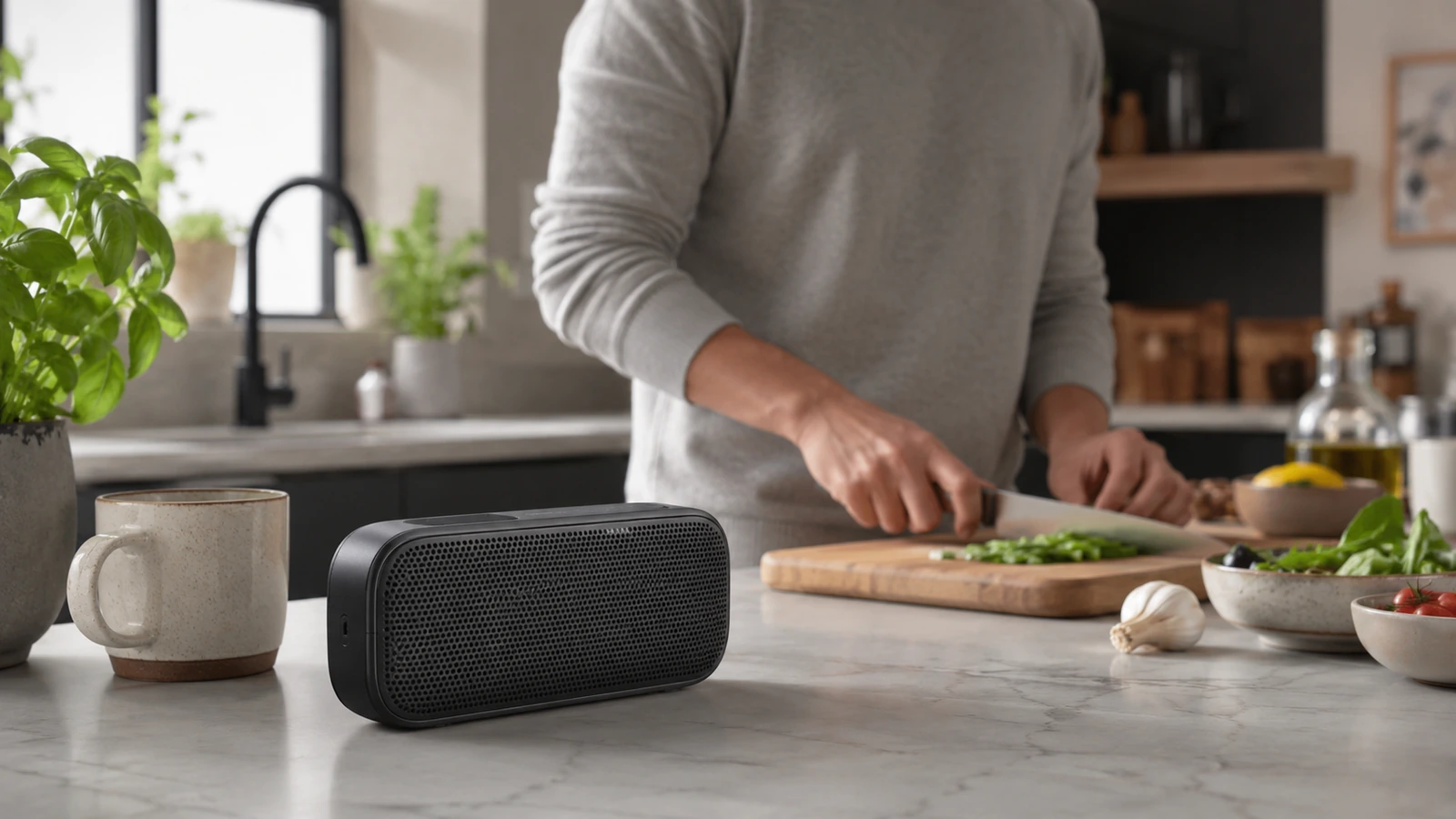 Compact Bluetooth speaker on a kitchen counter in an everyday listening setup.