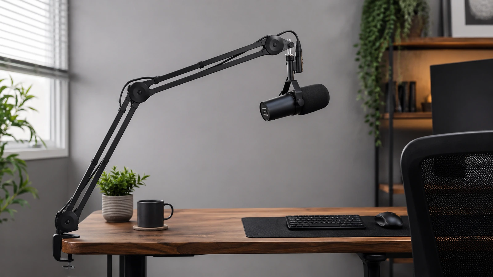 Sturdy microphone boom arm clamped to a clean creator desk.