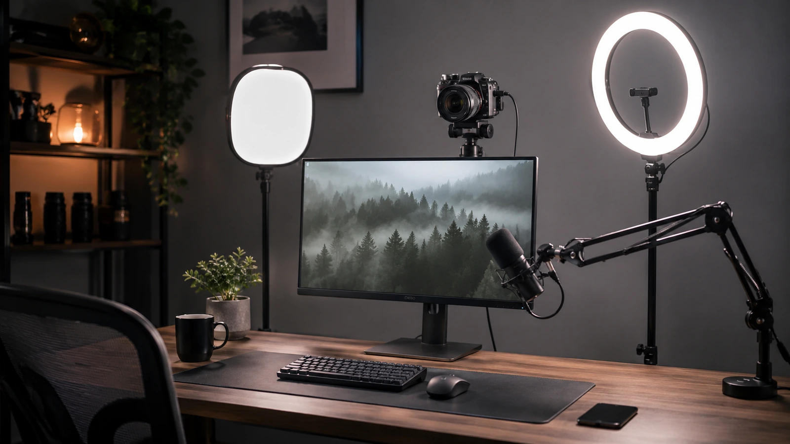 Compact creator streaming desk setup with camera, light and microphone.