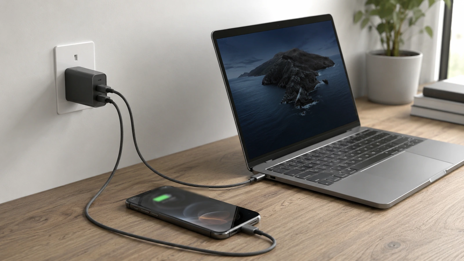 Fast wall charger beside a laptop and phone in a tidy desk charging setup.