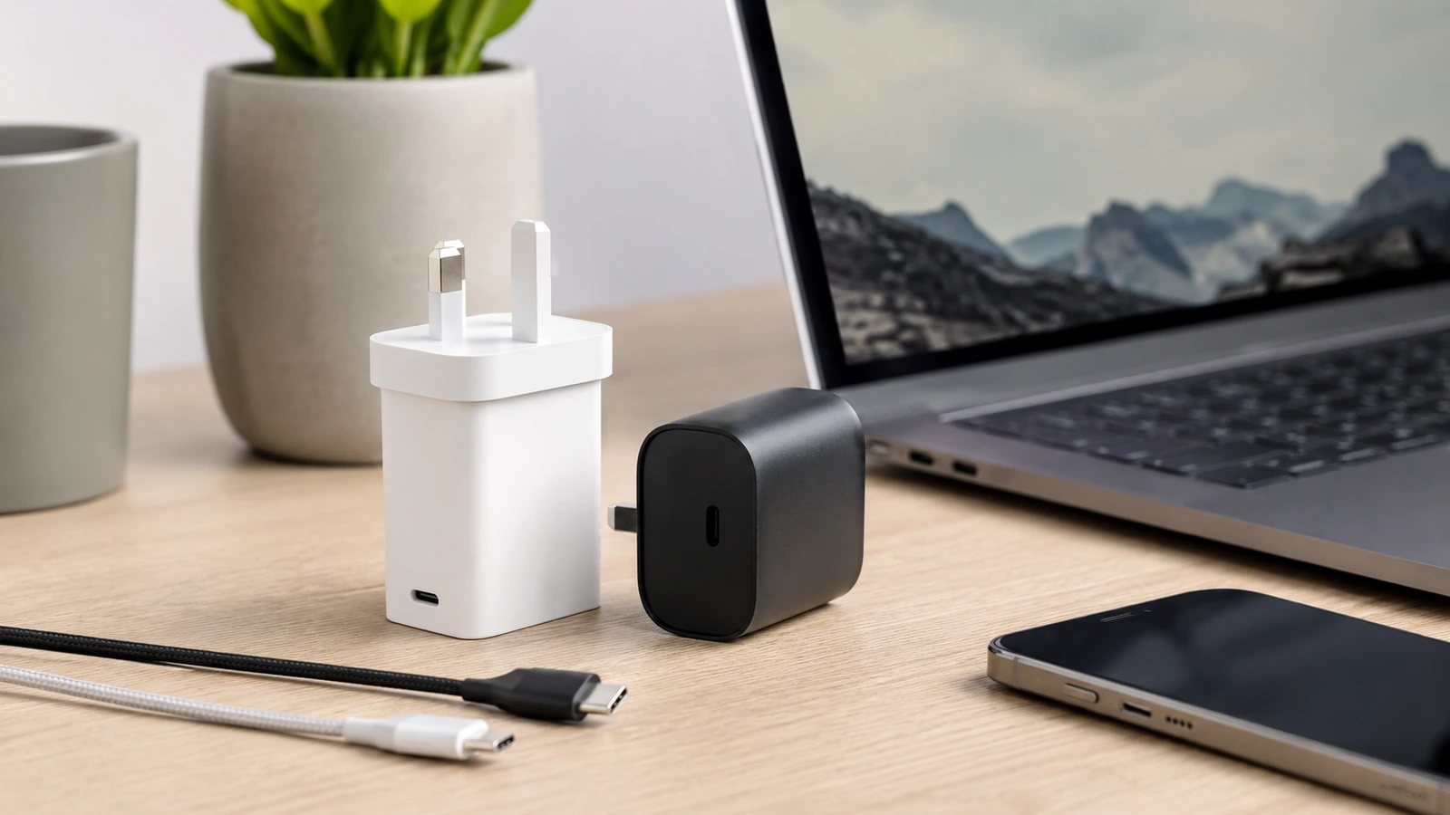 Fast wall chargers on a clean desk beside everyday devices and cables.