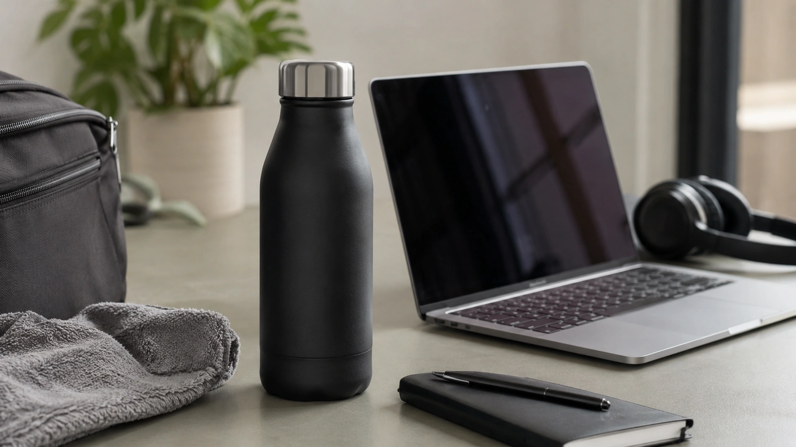 Insulated water bottles beside a laptop and commuter bag on a clean desk.