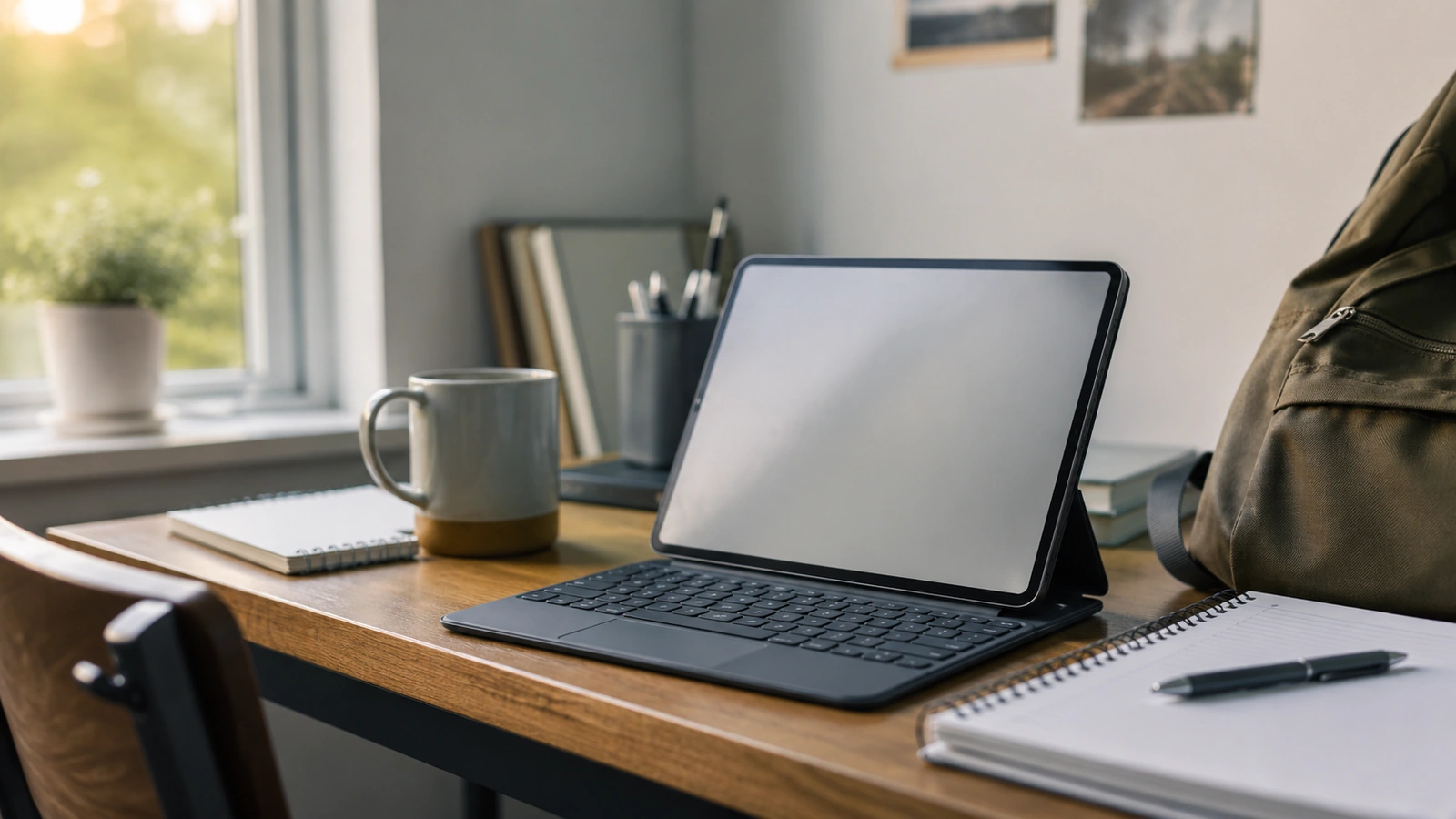 iPad keyboard setup on a student desk with notebook and study accessories.