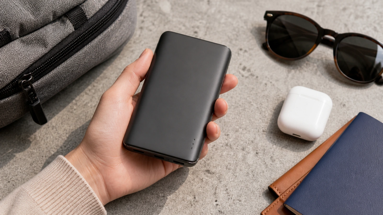 Lightweight power bank held in one hand for portable everyday charging.