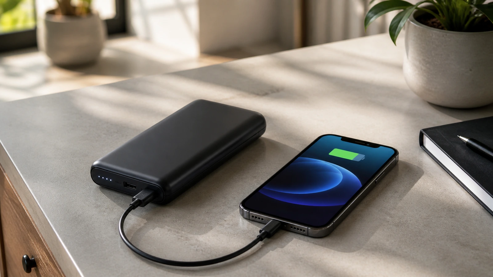 Power bank charging an iPhone-style smartphone in a clean modern scene.