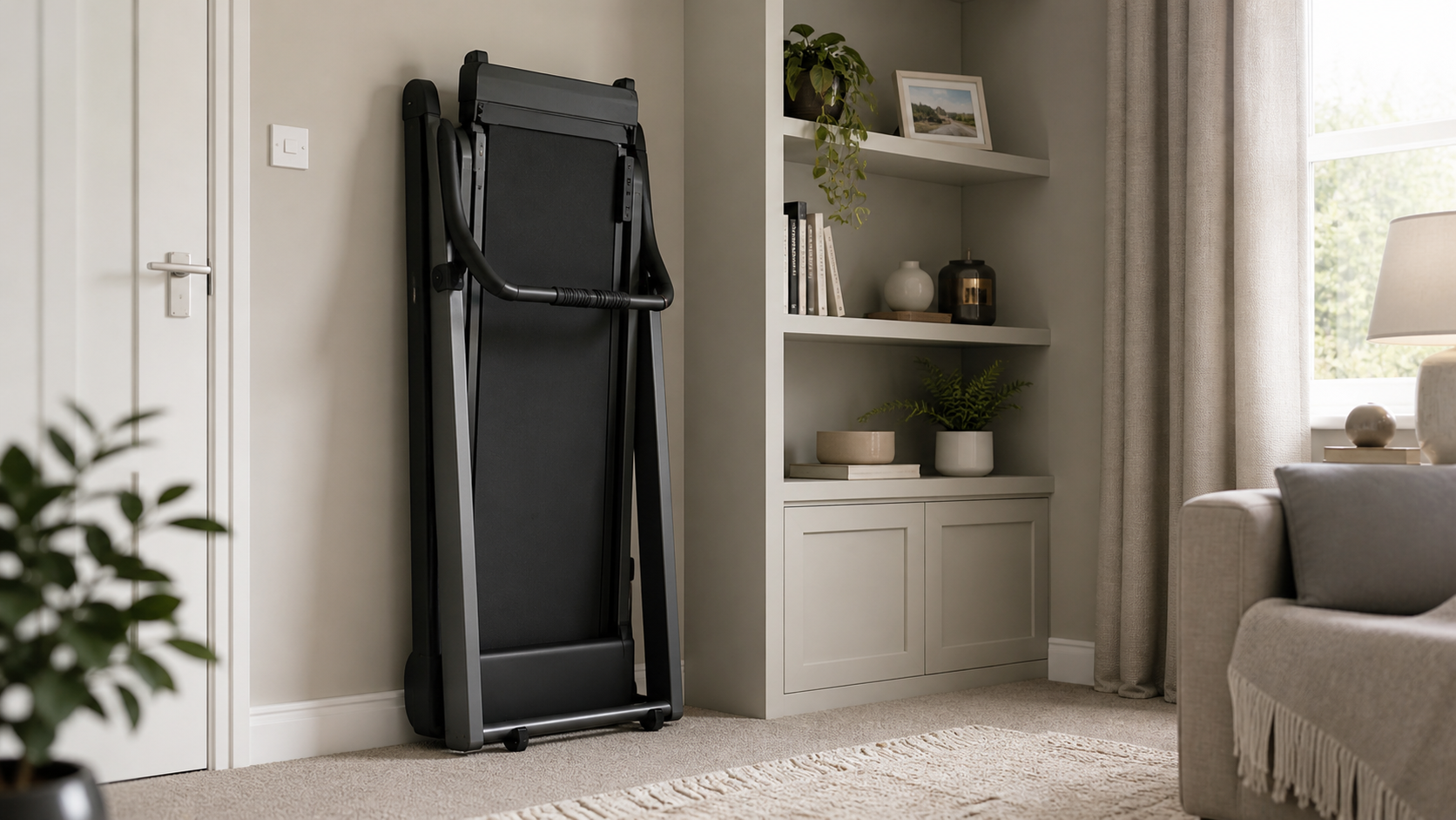 Foldable treadmill stored upright in a compact home setting.