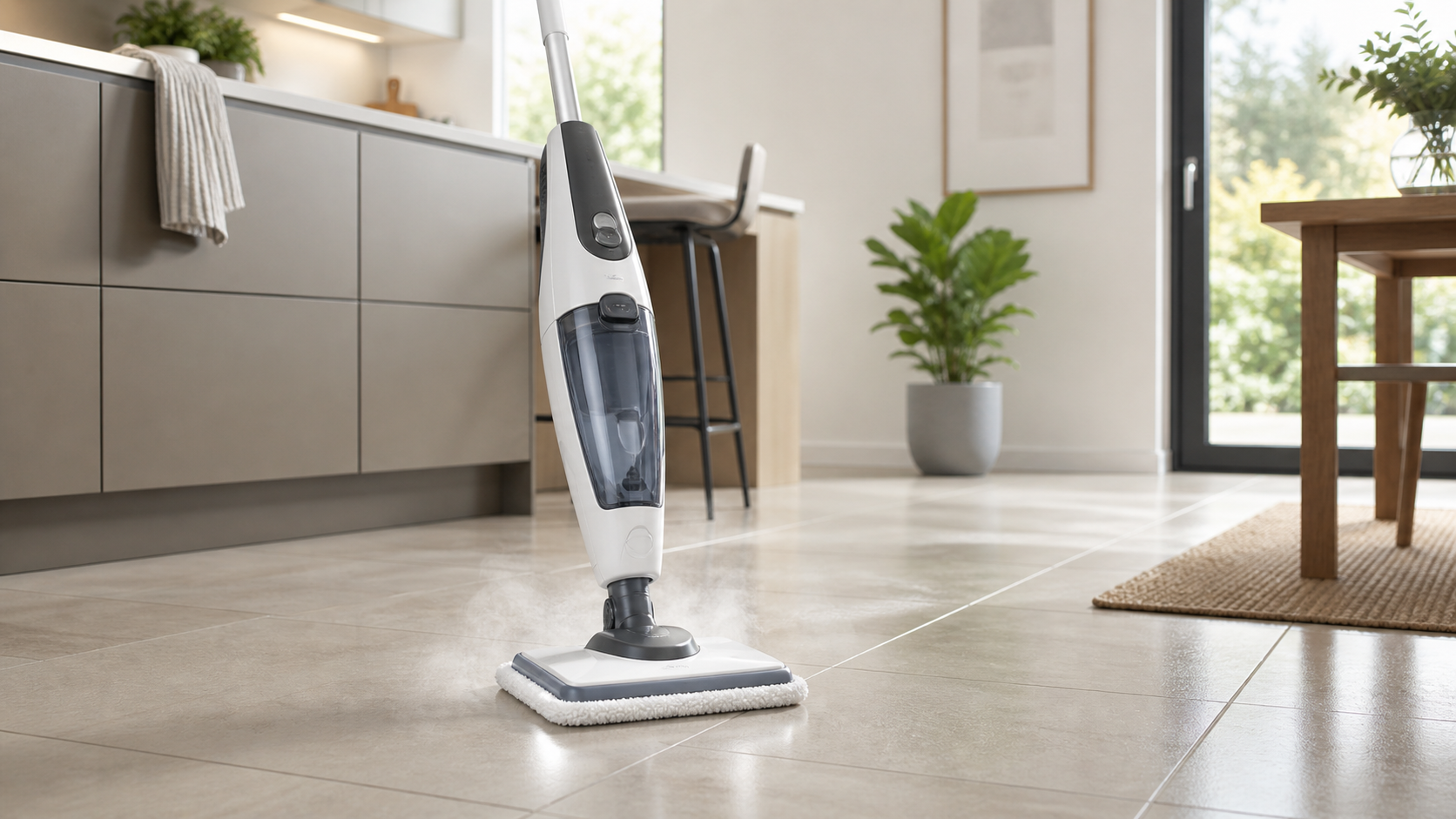 Steam mop on a clean hard floor in a bright home interior.
