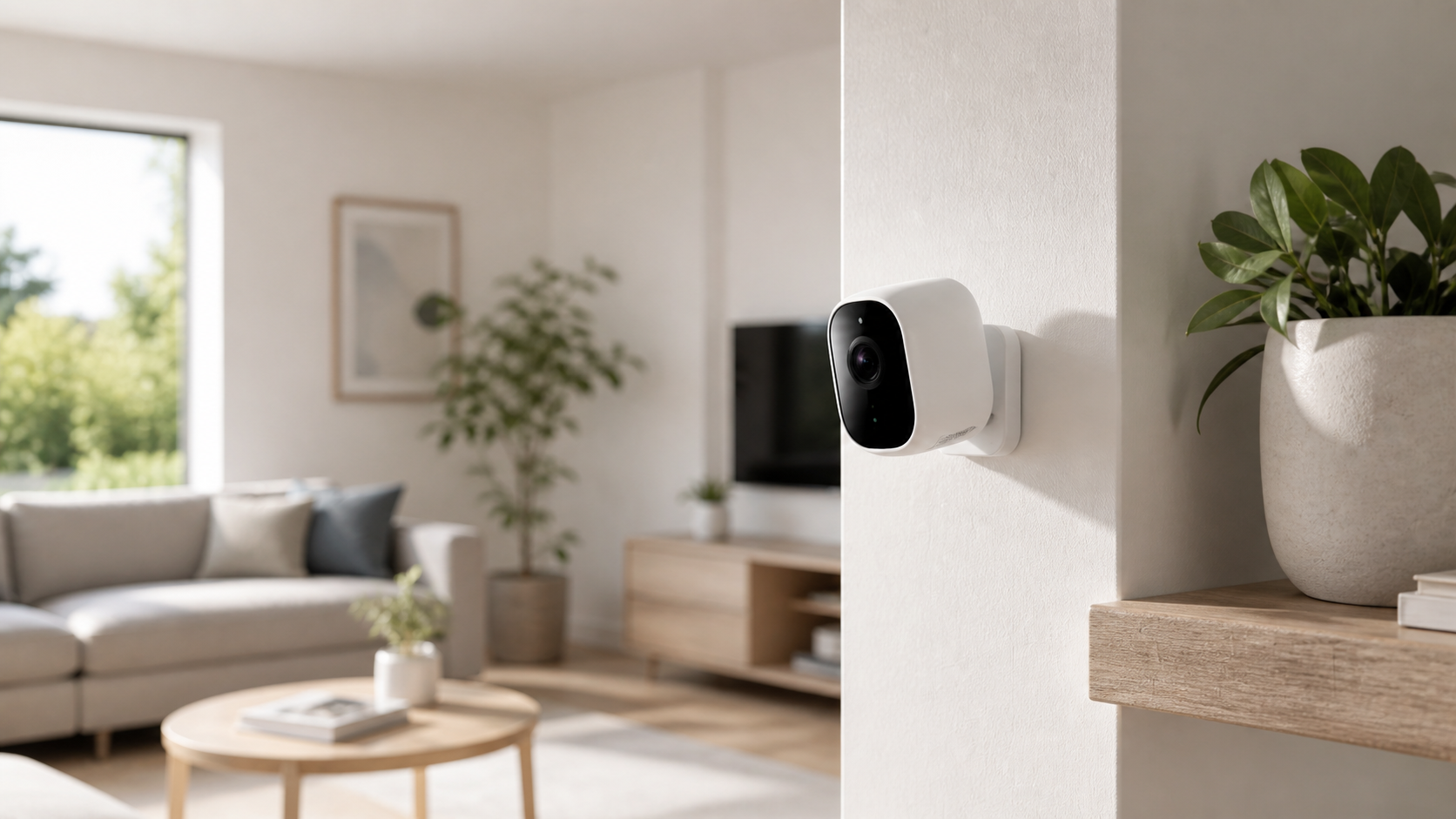 Indoor security camera on a shelf in a clean home interior.
