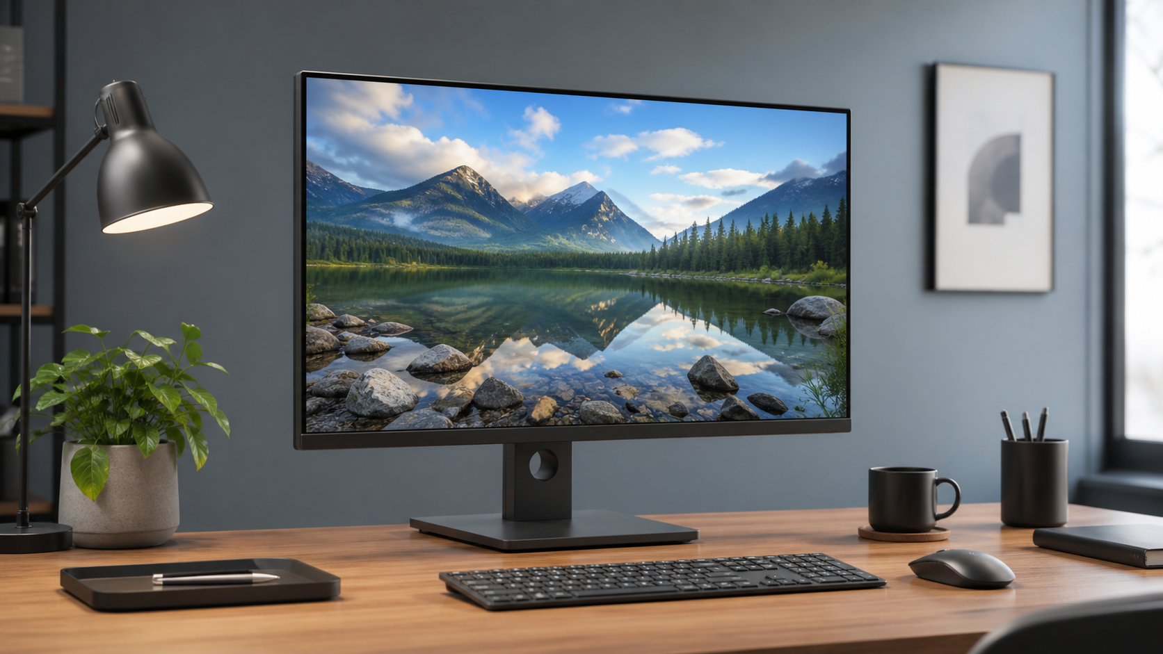 Monitor in a clean home-office workspace with a bright landscape image on screen.