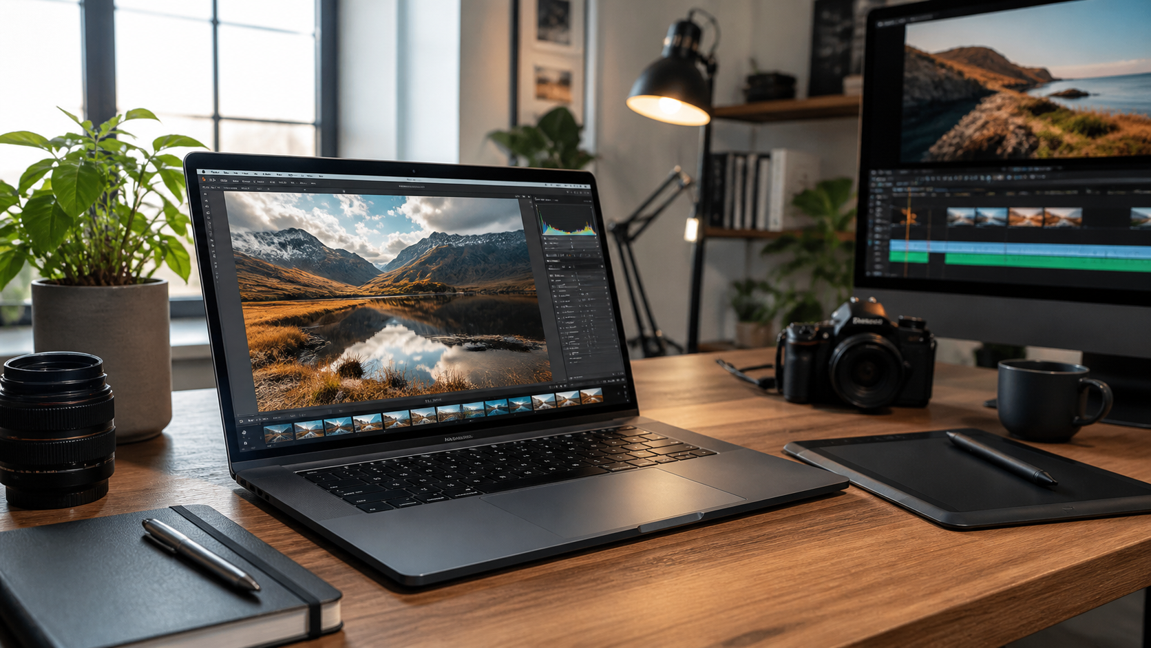 Creator laptop workstation with editing and productivity context.