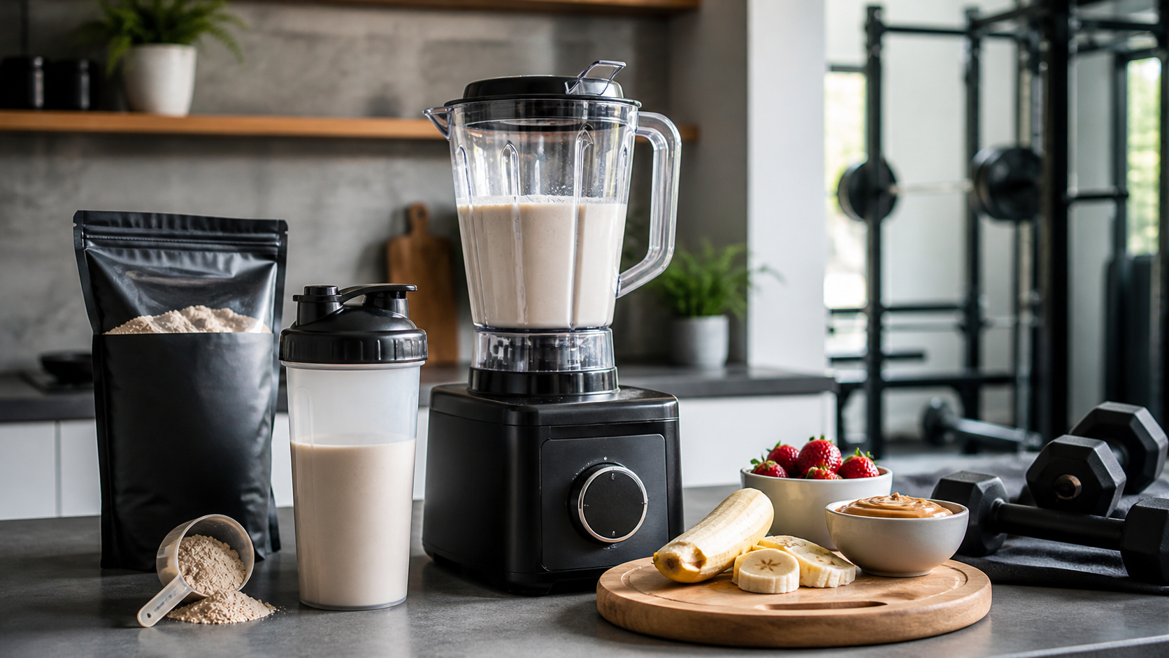 Blender and nutrition ingredients arranged for protein shake preparation.