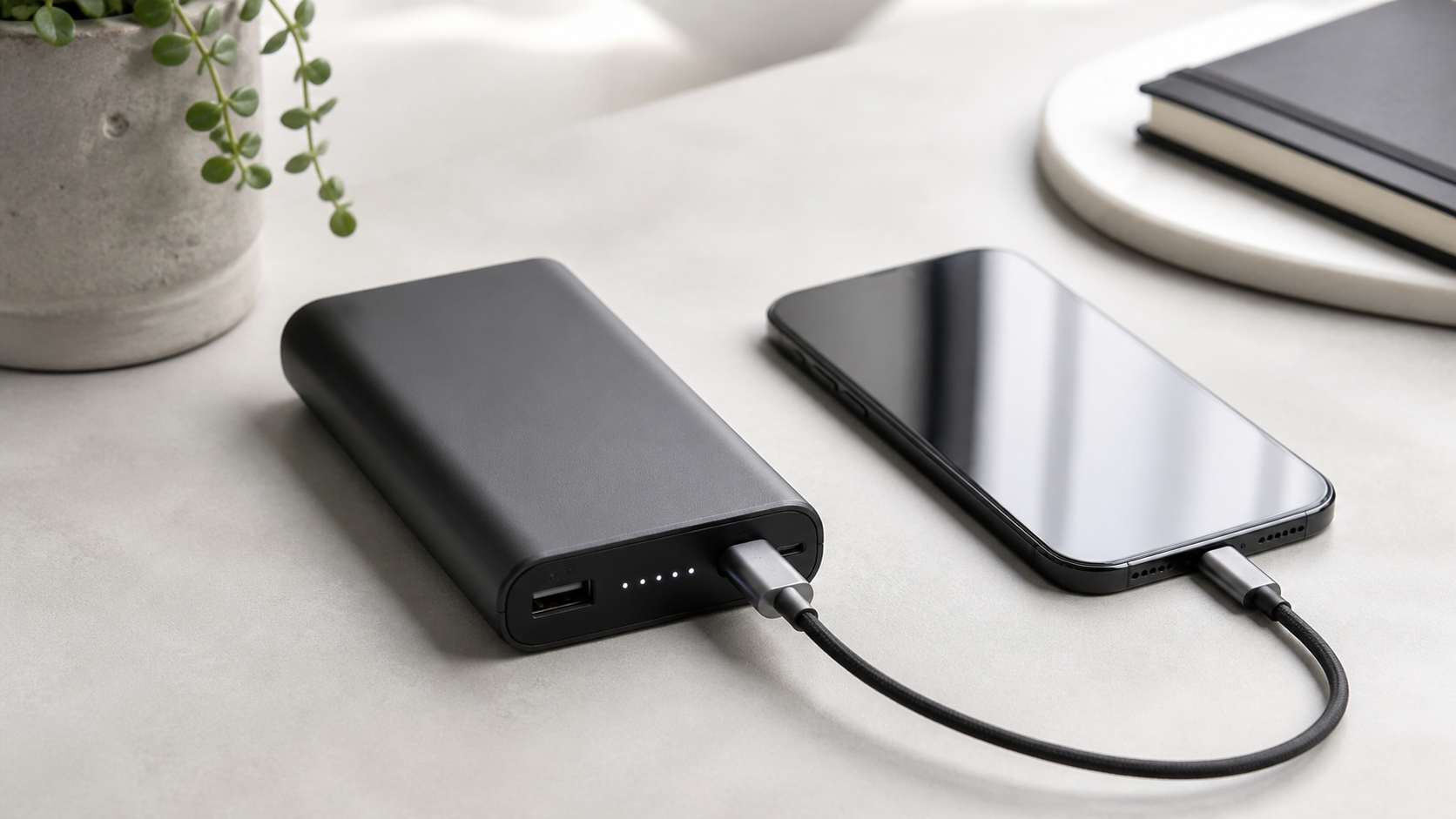 Sleek power bank charging a phone in a tidy tech setup.