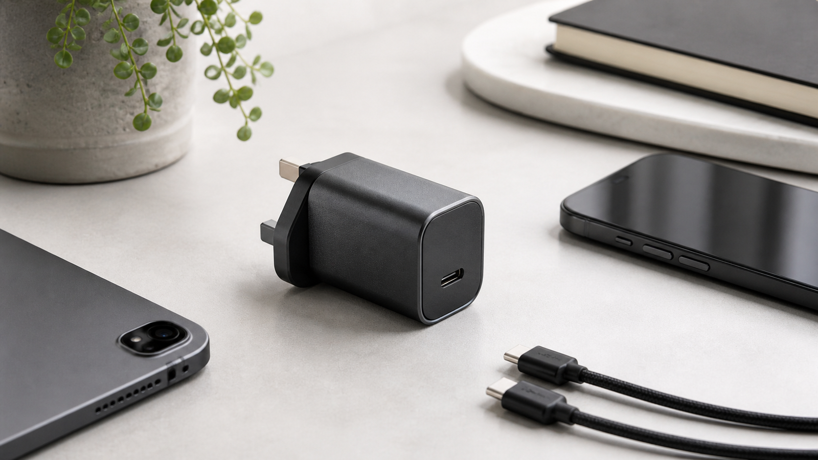 USB-C power bank charging a phone from a commuter bag pocket.