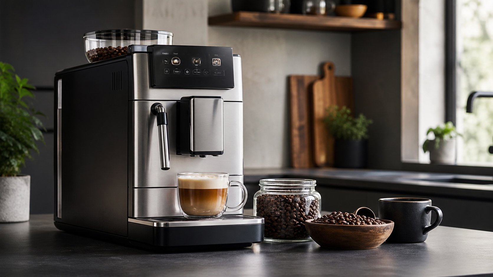 Bean-to-cup coffee machine on a kitchen counter with coffee cups and beans nearby.