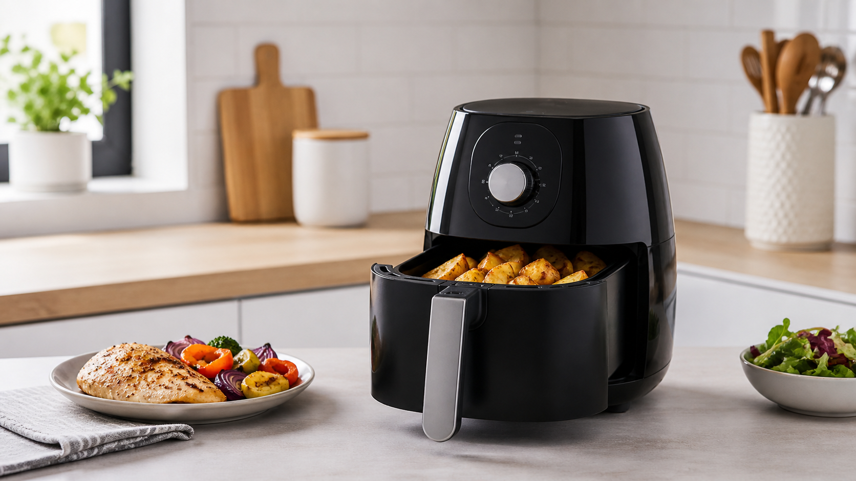 Air fryer shortlist preview image with dual-basket cooking motif.