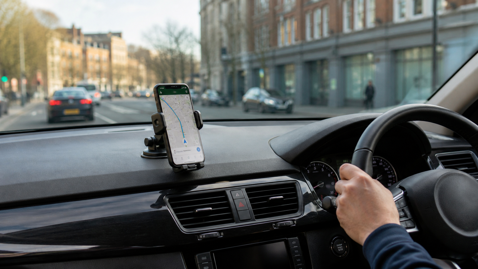 Phone mount shown in a realistic car-use context.