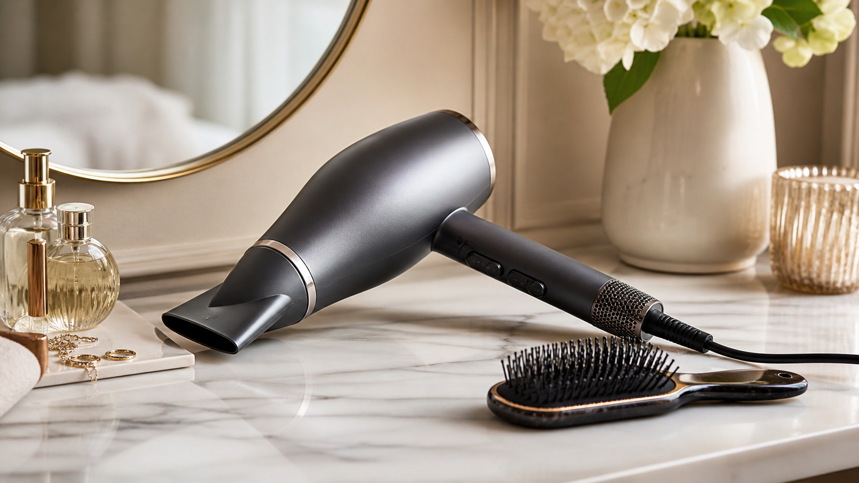 Hair dryer on a tidy vanity with styling accessories nearby.