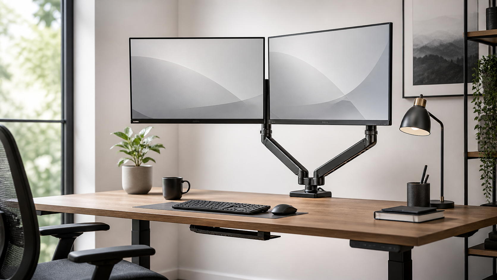 Desk setup with monitor arms supporting screens above a tidy work surface.