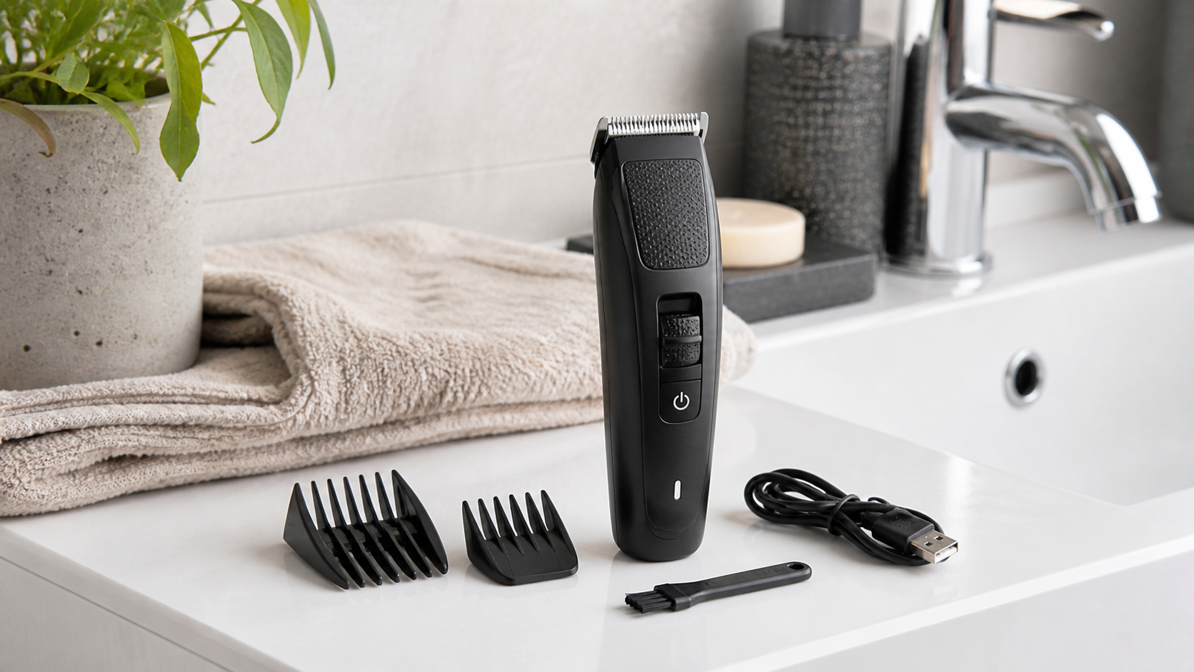 Modern beard trimmer on a clean bathroom counter with grooming accessories.