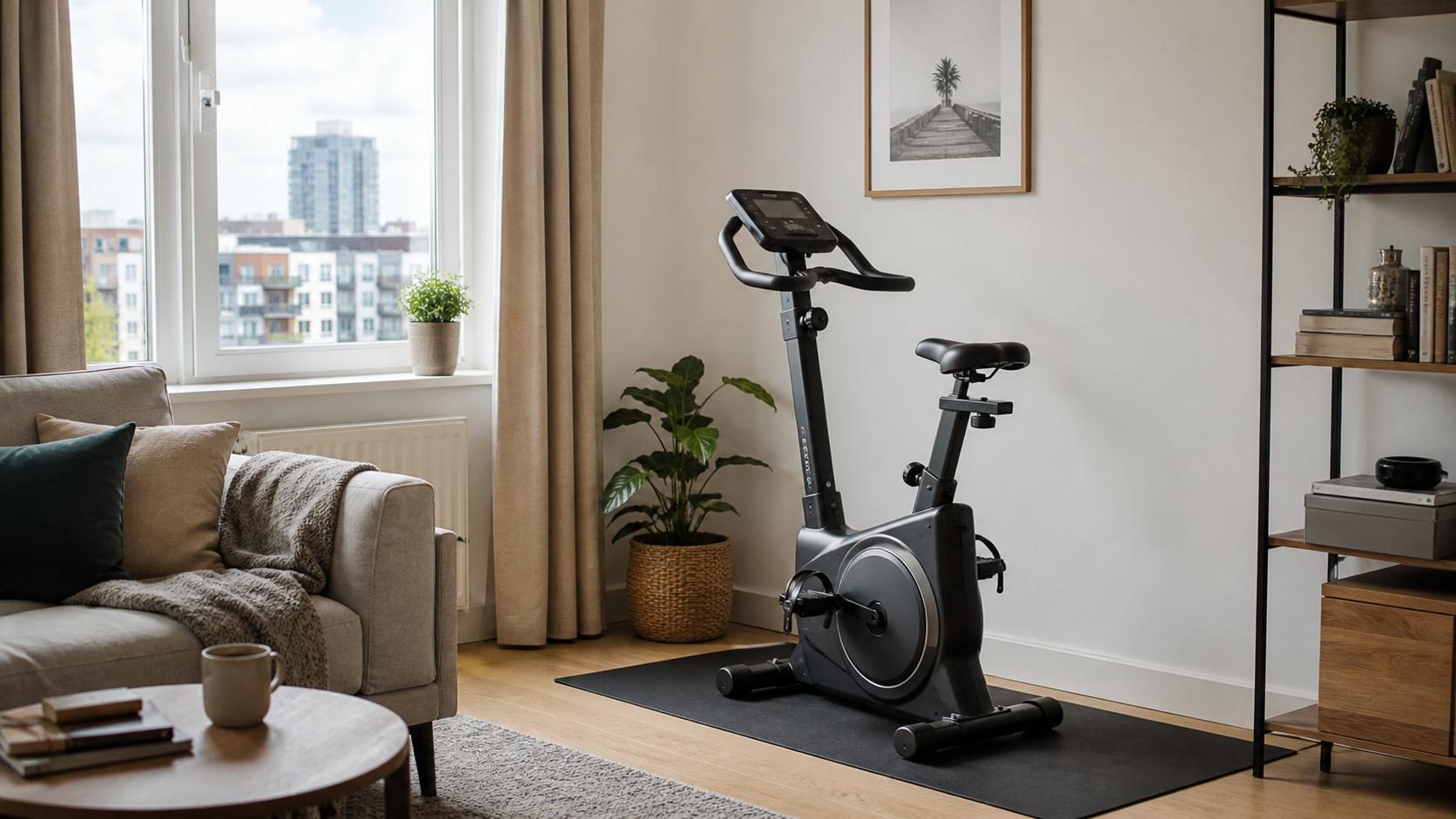 Compact cardio machine in a small flat or apartment-style home space.