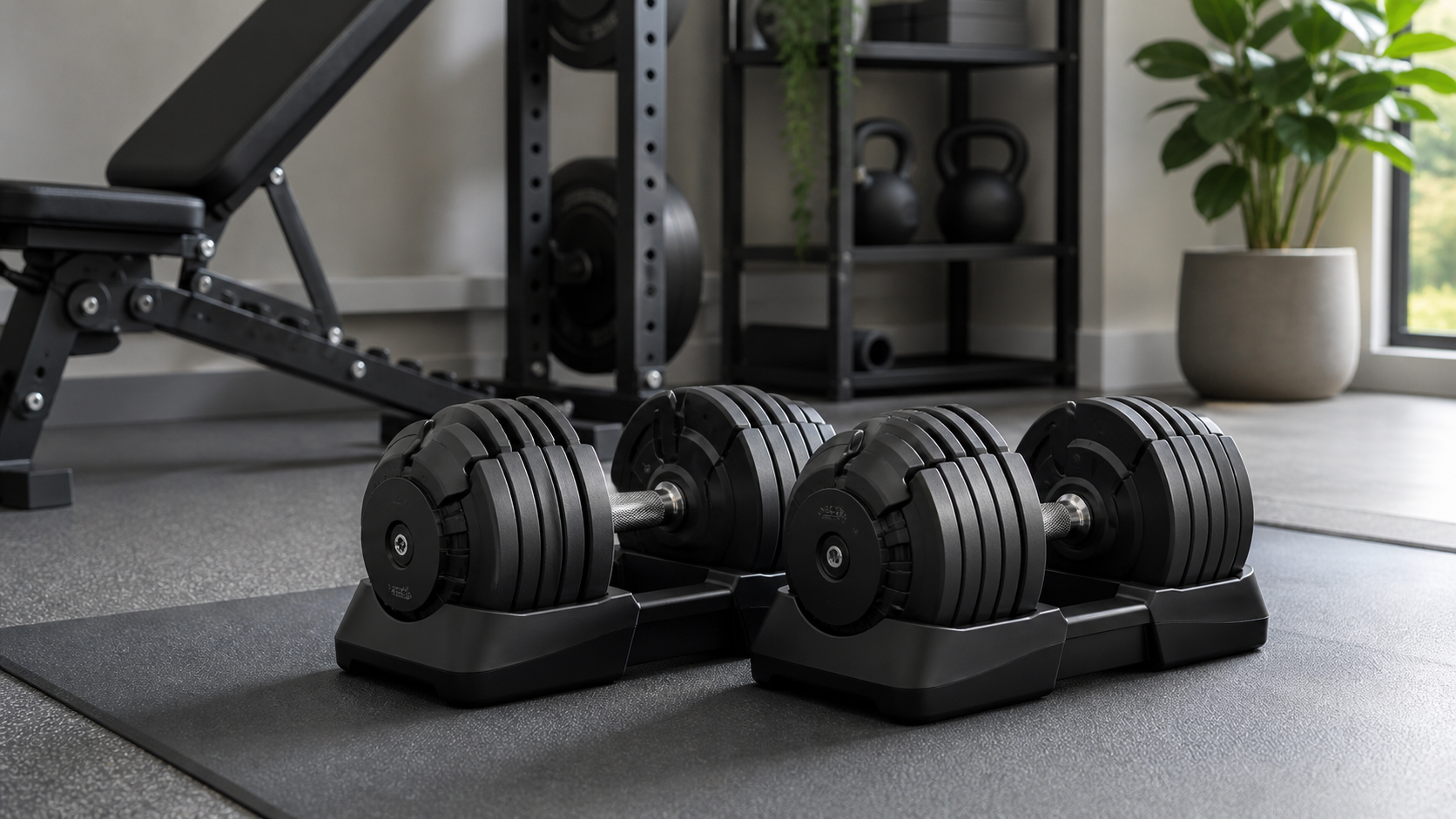 Adjustable dumbbells in a tidy home gym workout corner.