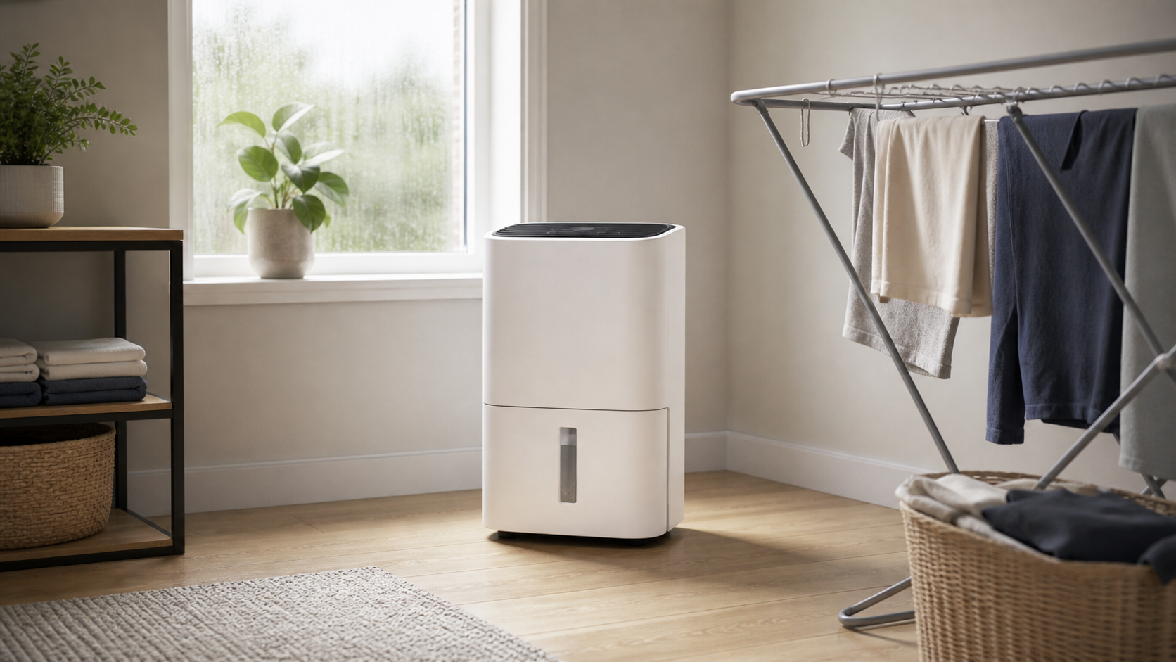 Dehumidifier in a bright room corner for home moisture control.