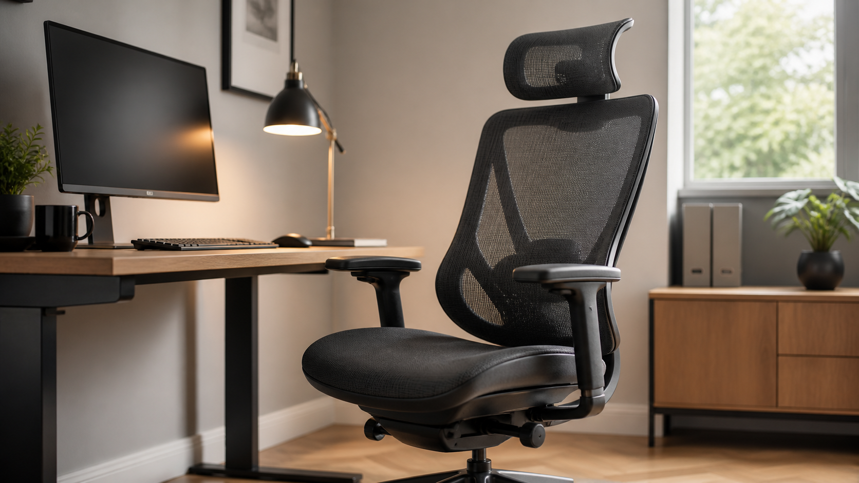 Ergonomic mesh office chair in a tidy modern home office with desk and natural light.