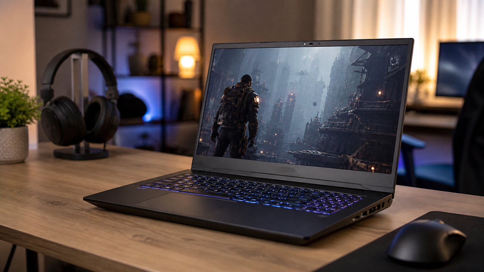 Gaming laptop on a desk with restrained gaming setup context.