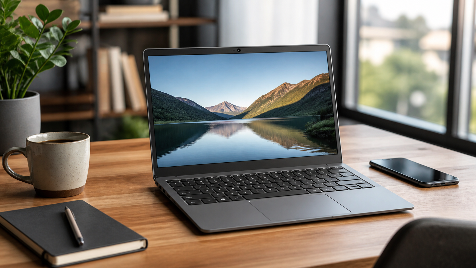 Convertible laptop in a flexible desk setup showing hybrid laptop and tablet use.