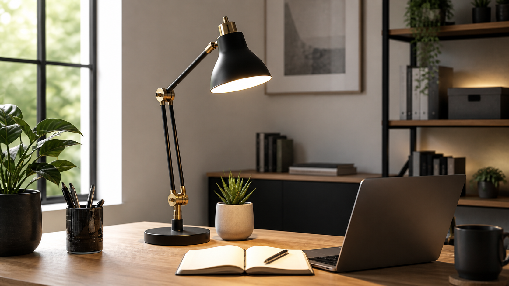 Desk lamp lighting a tidy work surface in a home-office setup.