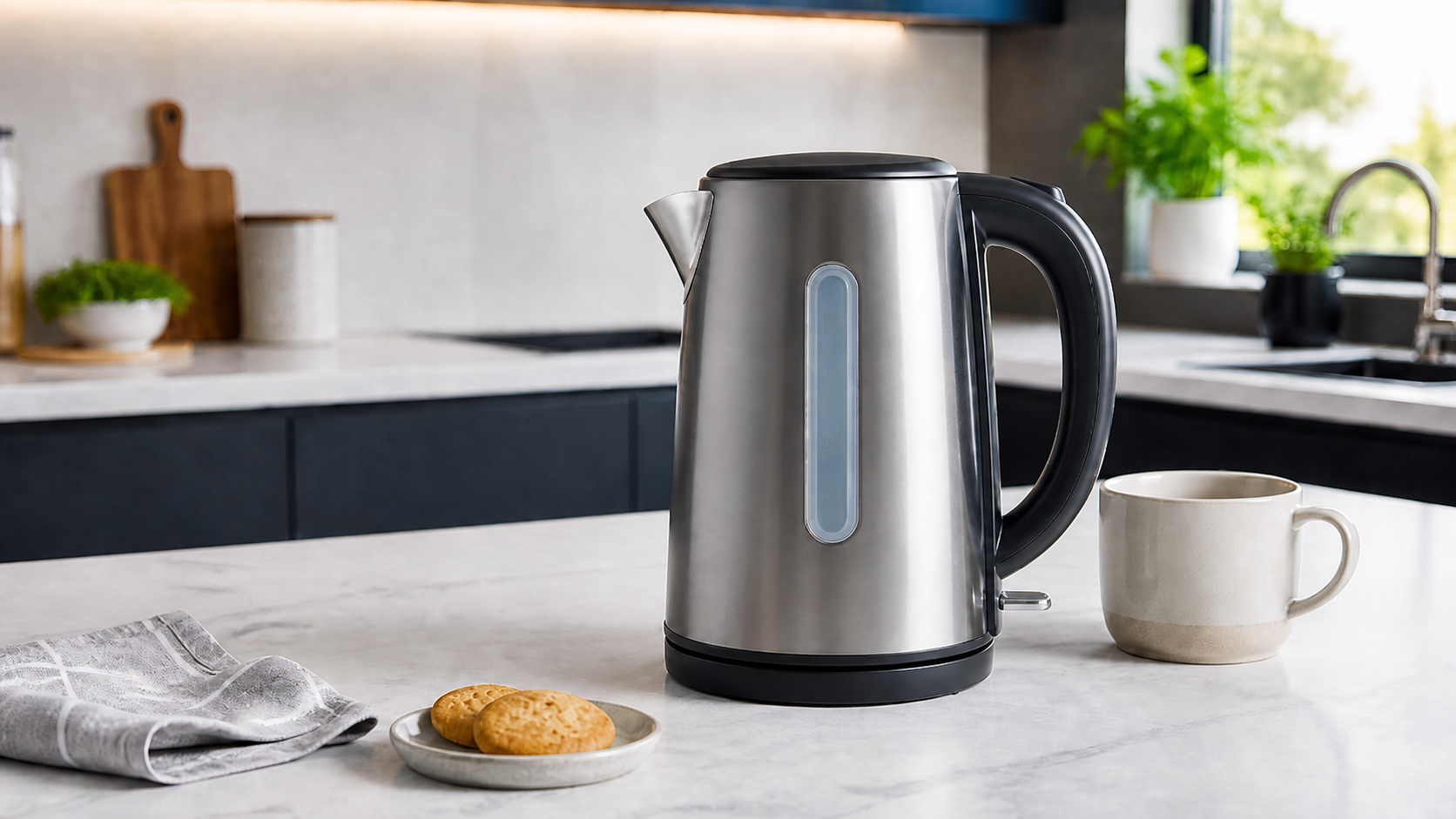 Modern electric kettle on a bright kitchen worktop.