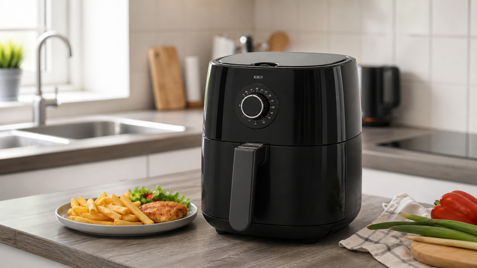 Affordable-looking black air fryer on a clean kitchen counter with simple food context.