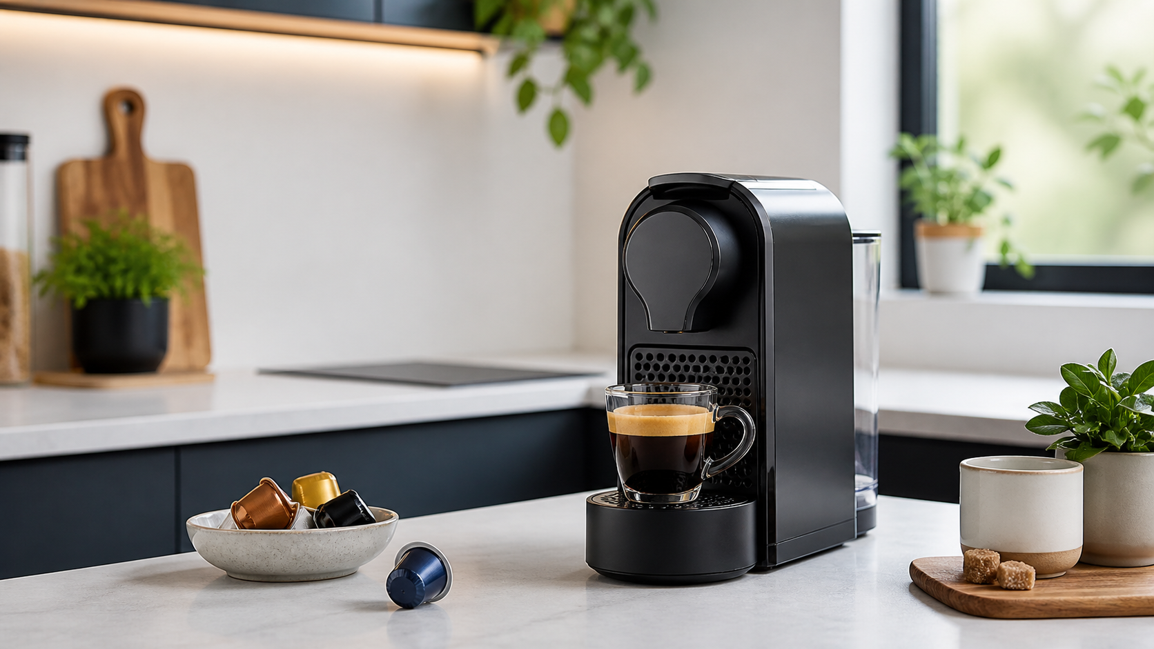 Compact pod coffee machine in a clean kitchen corner.