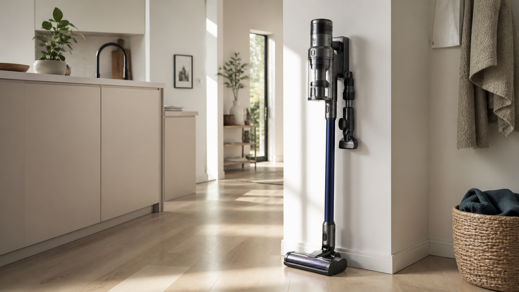 Cordless vacuum standing in a clean hallway or home interior.