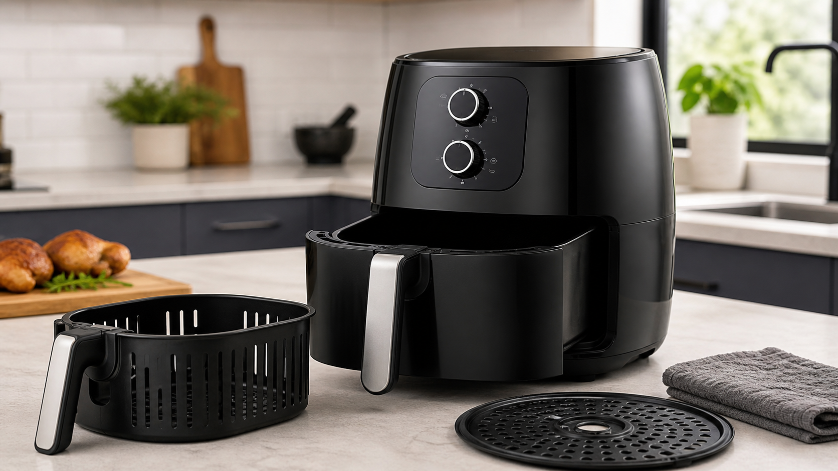 Modern air fryer on a clean kitchen counter with removable basket context for easy cleaning.
