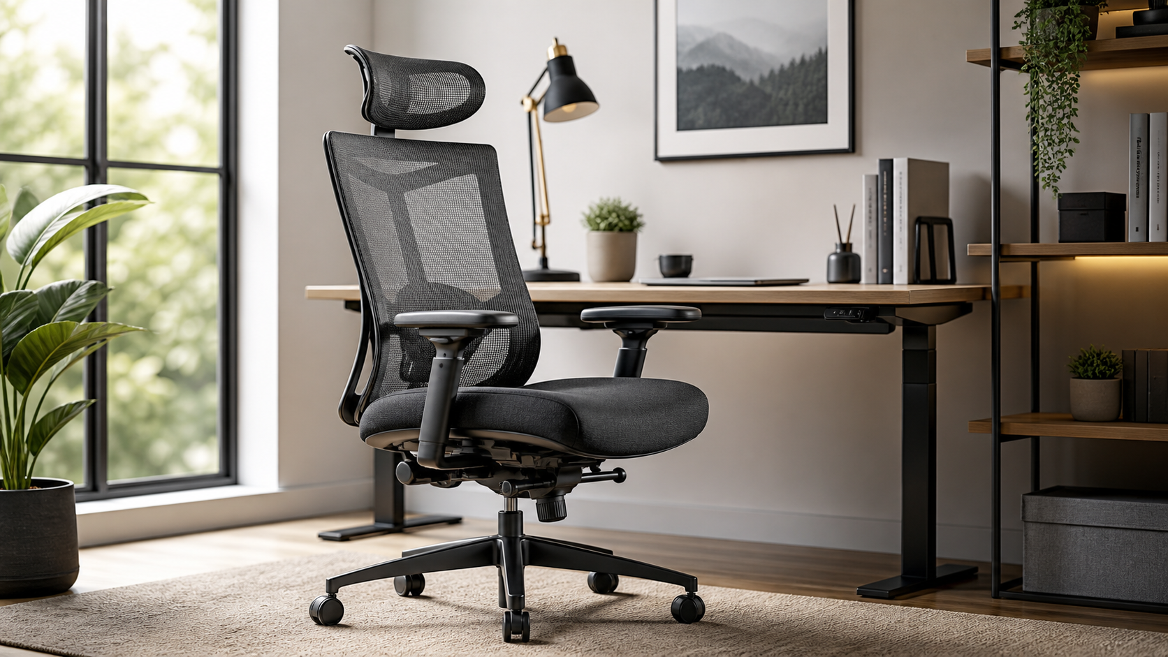 Adjustable office chair at a desk showing seat depth and armrest context.