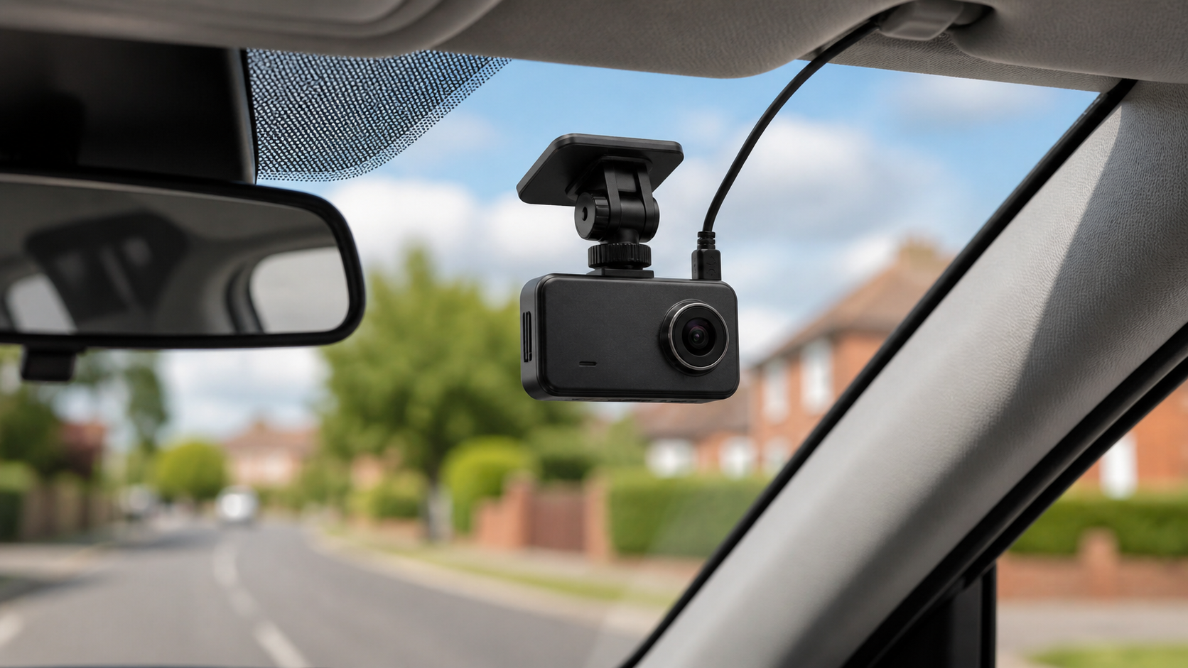 Dash cam mounted with a simple windscreen bracket and visible cable in a tidy car setup.