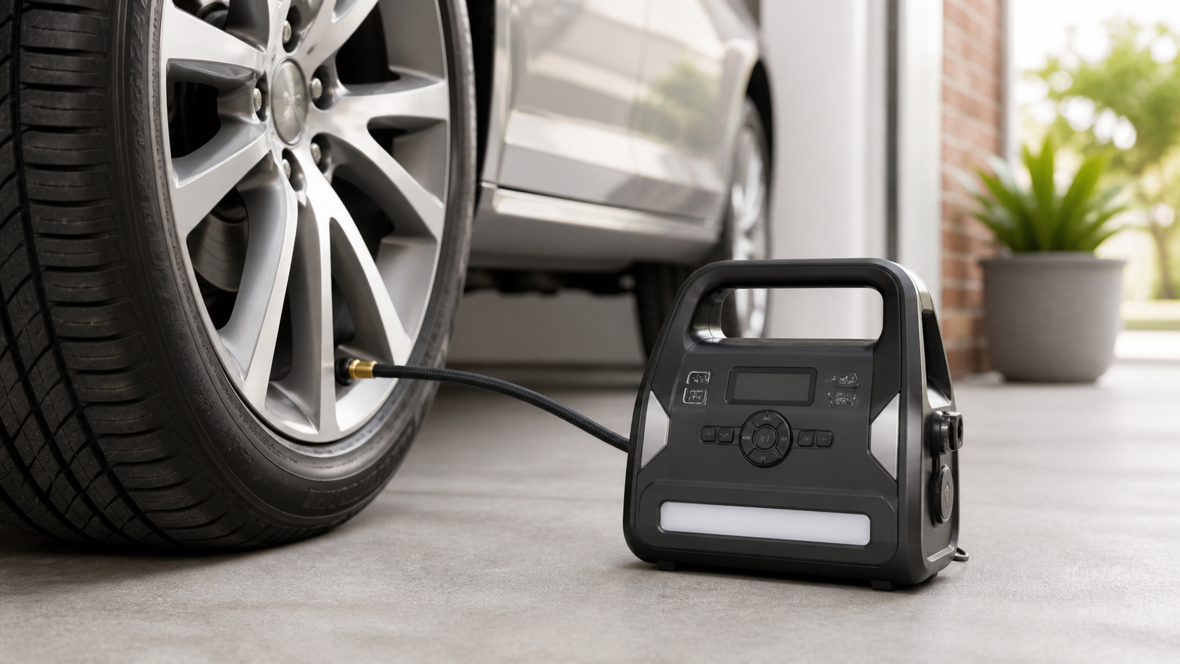 A corded analogue-dial tyre inflator connected to the front wheel of a parked car.