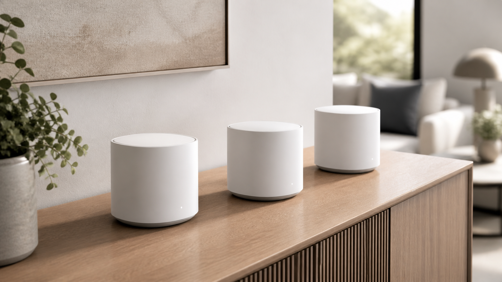 Mesh Wi-Fi nodes arranged in a modern home interior.