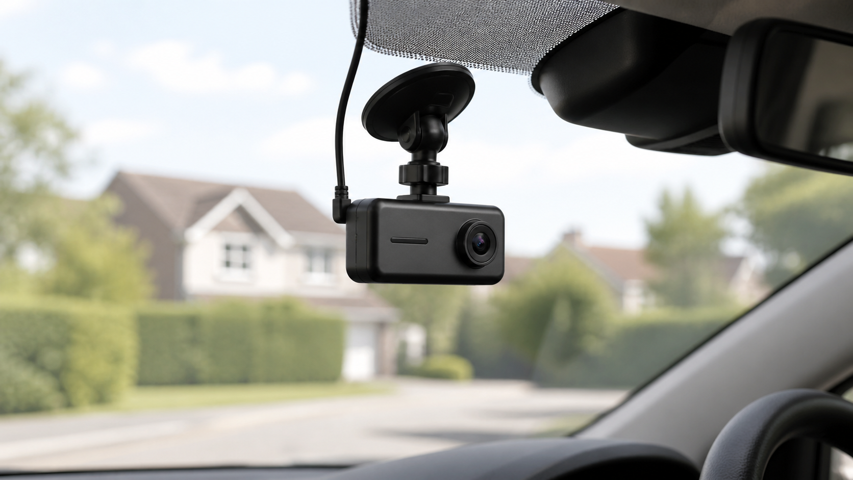 Front-facing dash cam on a UK windscreen with road lane markings ahead.