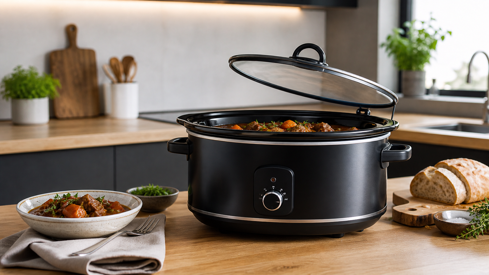 Slow cooker on a clean kitchen counter for practical batch cooking.