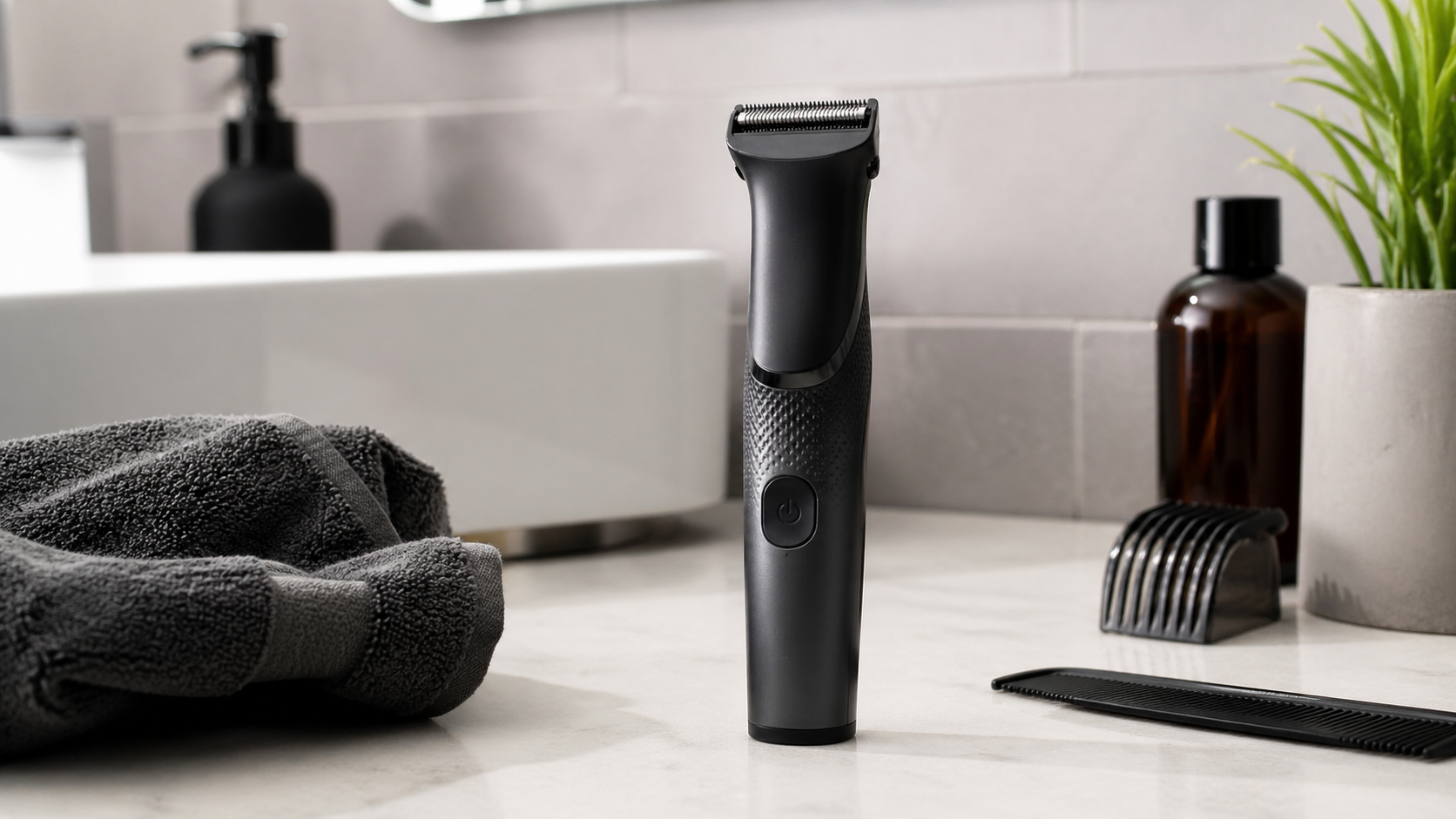Body groomer on a clean bathroom counter with personal-care accessories.