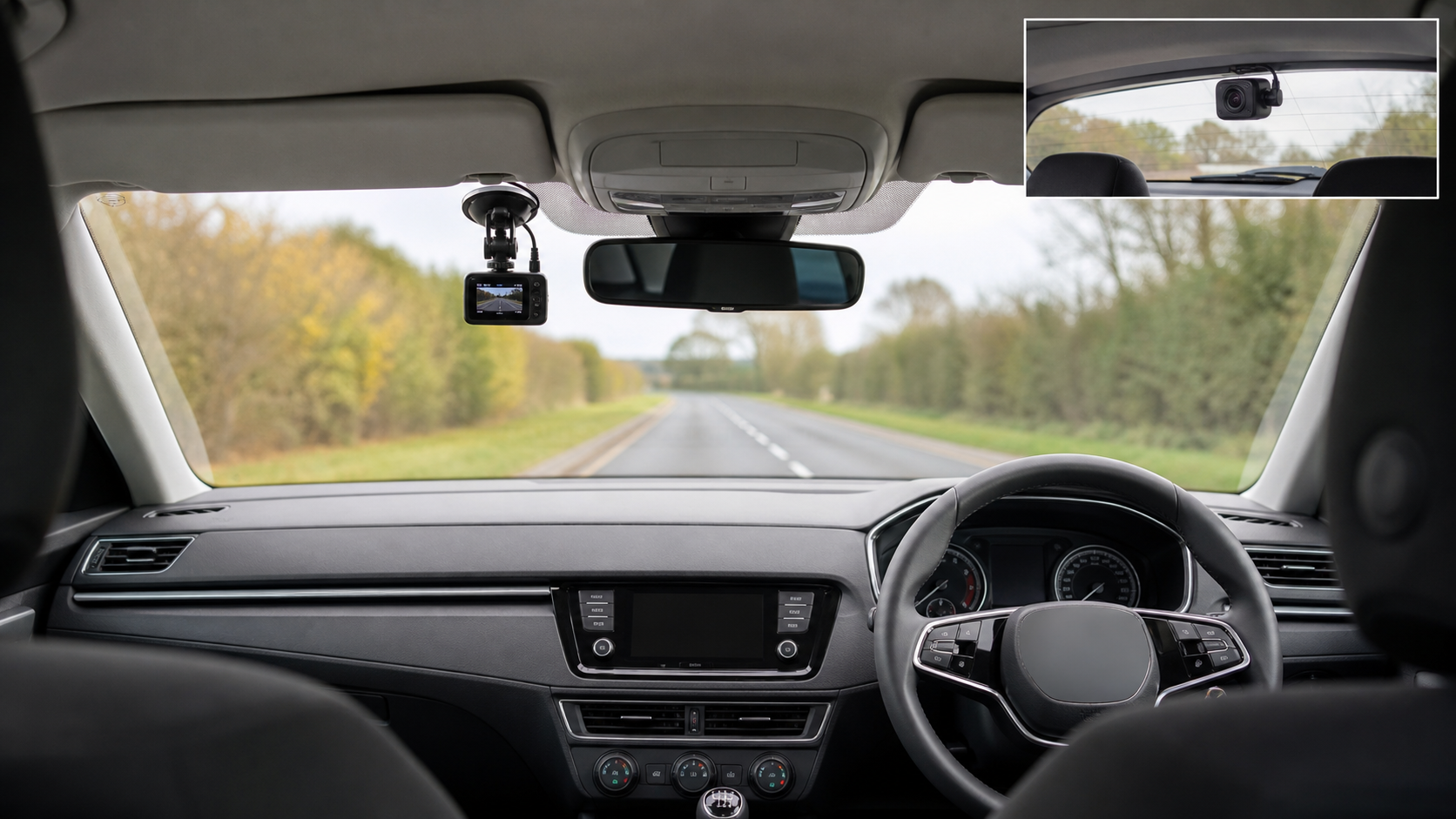 Dash cam in a modern car interior with dashboard and connected-driving context.