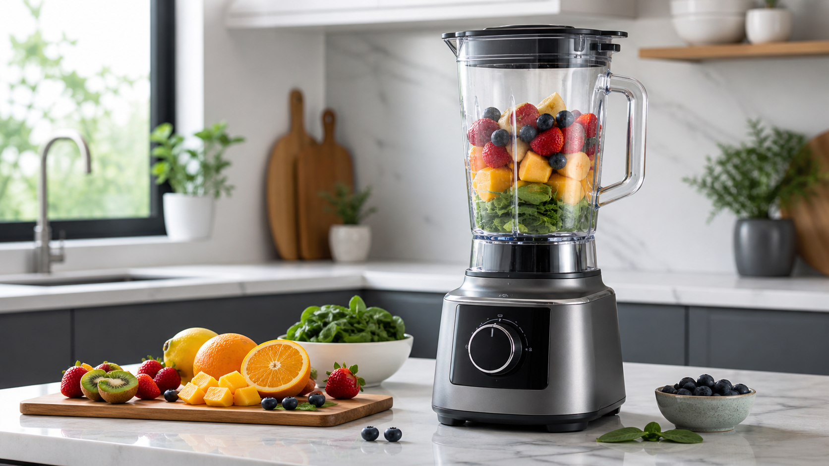 Modern blender on a kitchen counter with fresh ingredients nearby.