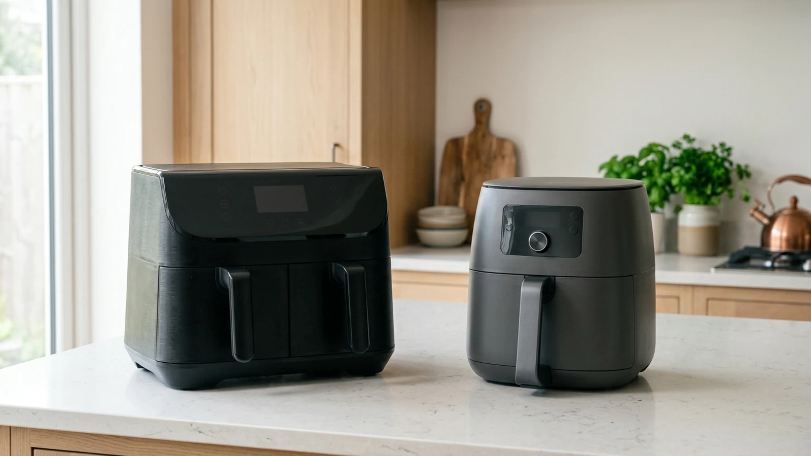 Photorealistic image of premium air fryers for a UK shortlist buying guide.