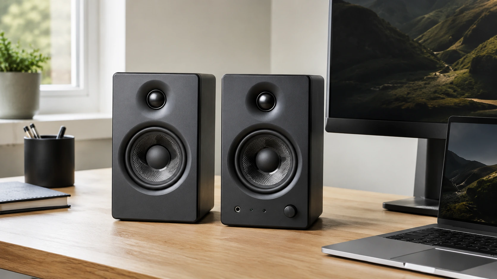 Photorealistic shortlist image for Best Computer Speakers in the UK (2026), showing a clean audio creator gear buying-guide scene.