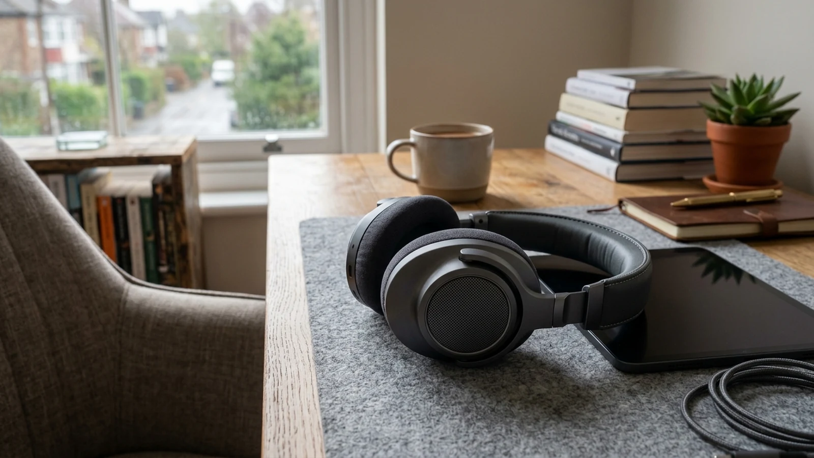 Photorealistic image of noise-cancelling headphones for commuting for a UK shortlist buying guide.