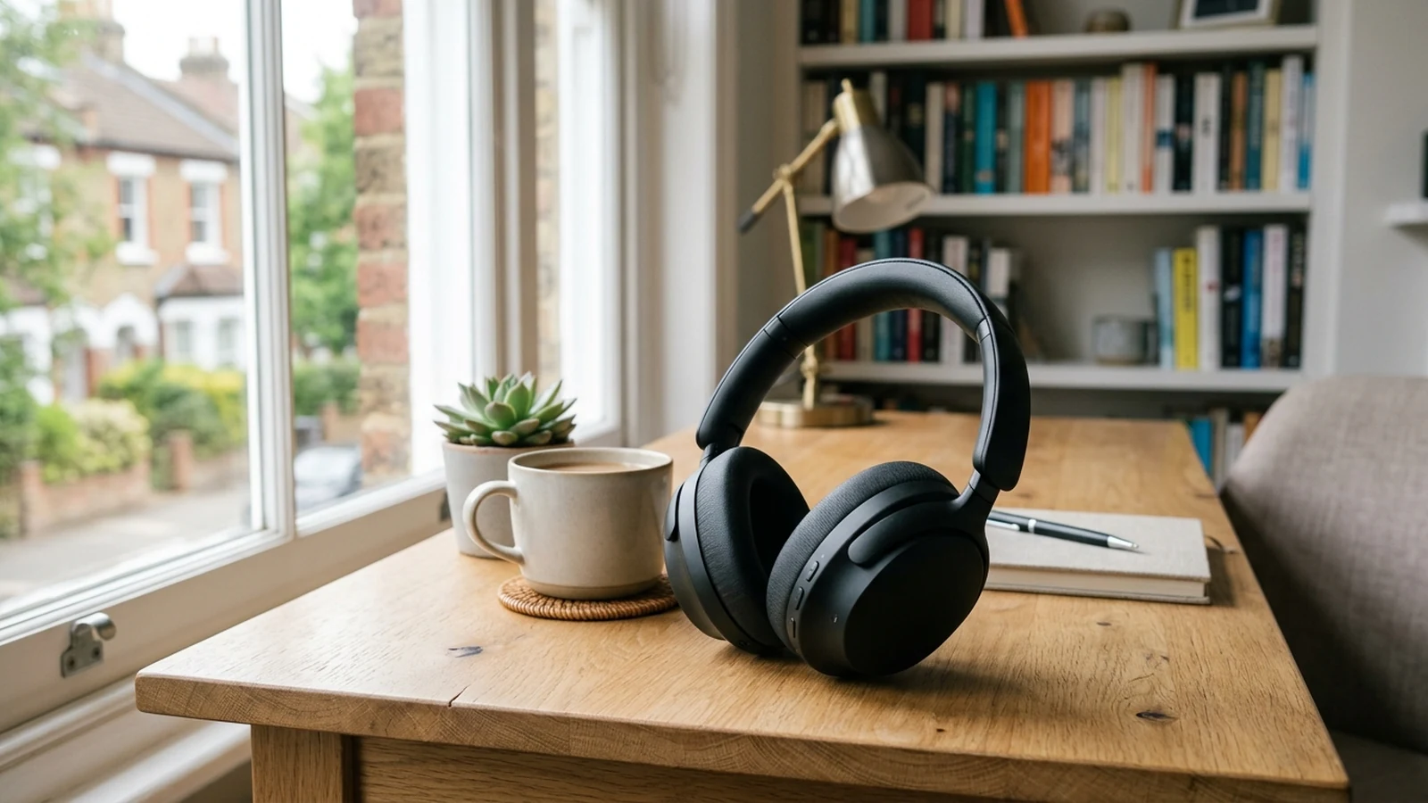 Photorealistic image of noise cancelling headphones for home working for a UK shortlist buying guide.