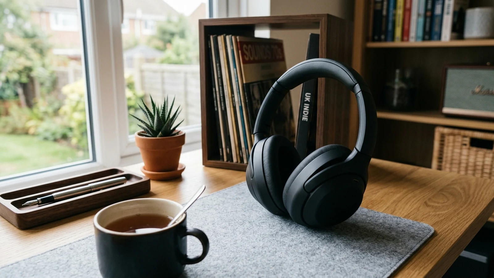 Photorealistic image of noise-cancelling headphones under £100 for a UK shortlist buying guide.